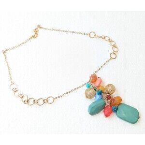 BONNIE J Colorful Necklace Womens 26" Gold Tone Multicolor Stone Cluster Vibrant